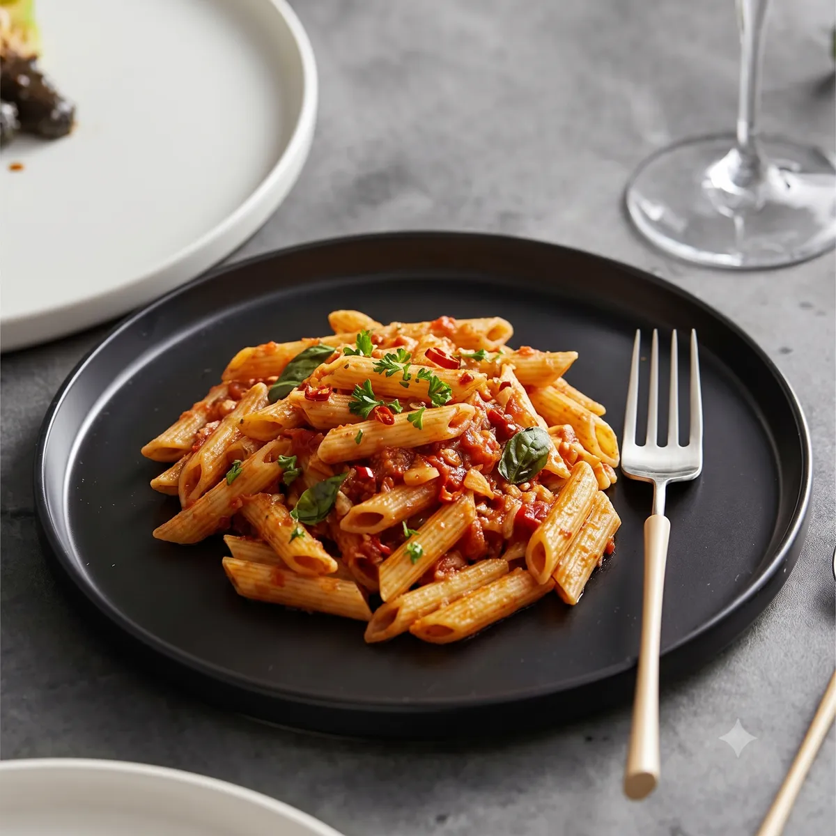 Penne Arrabbiata menü şablonu ve sunumu