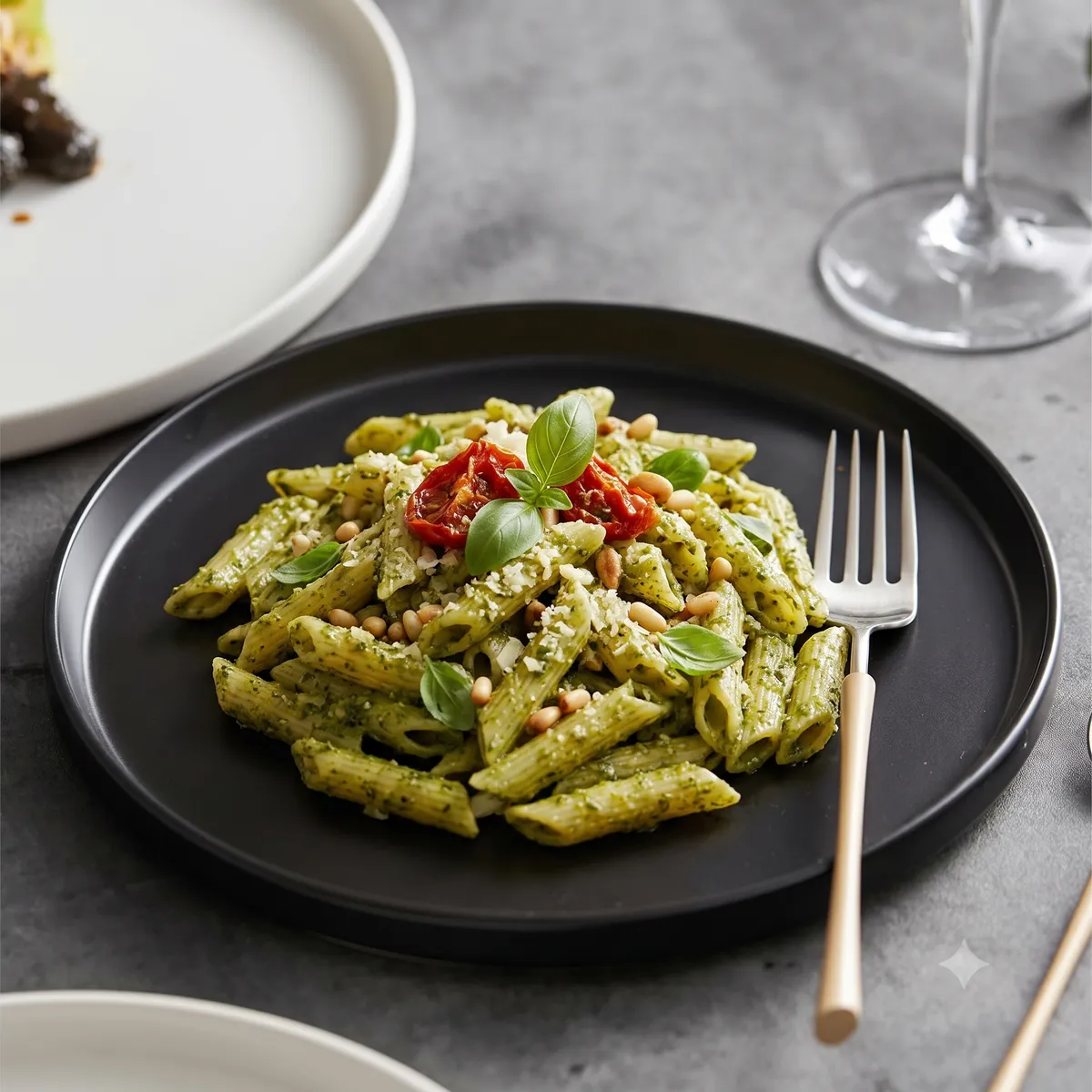 Pesto Soslu Penne menü şablonu ve sunumu