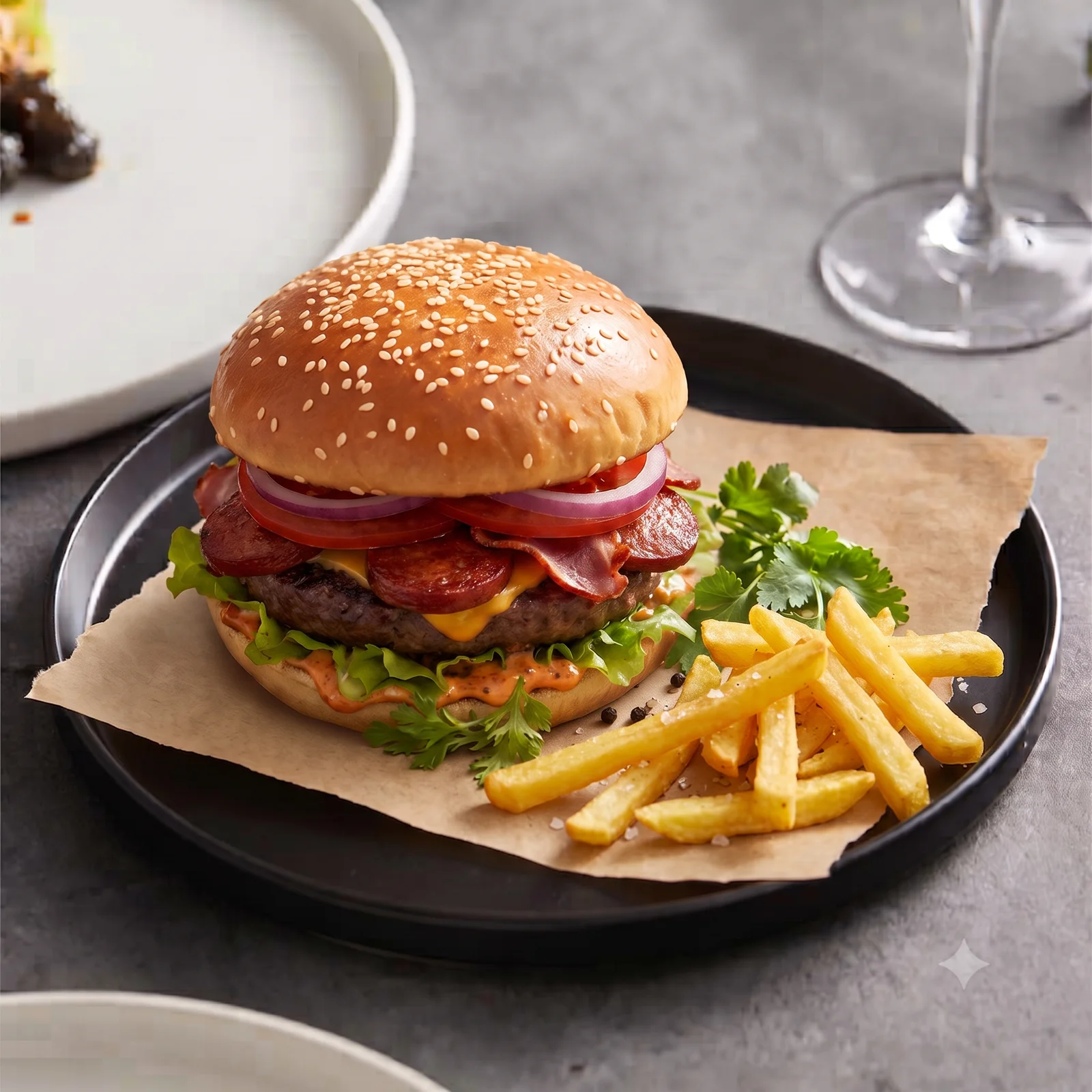Anadolu Burger (Sucuklu/Pastırmalı) menü şablonu ve sunumu