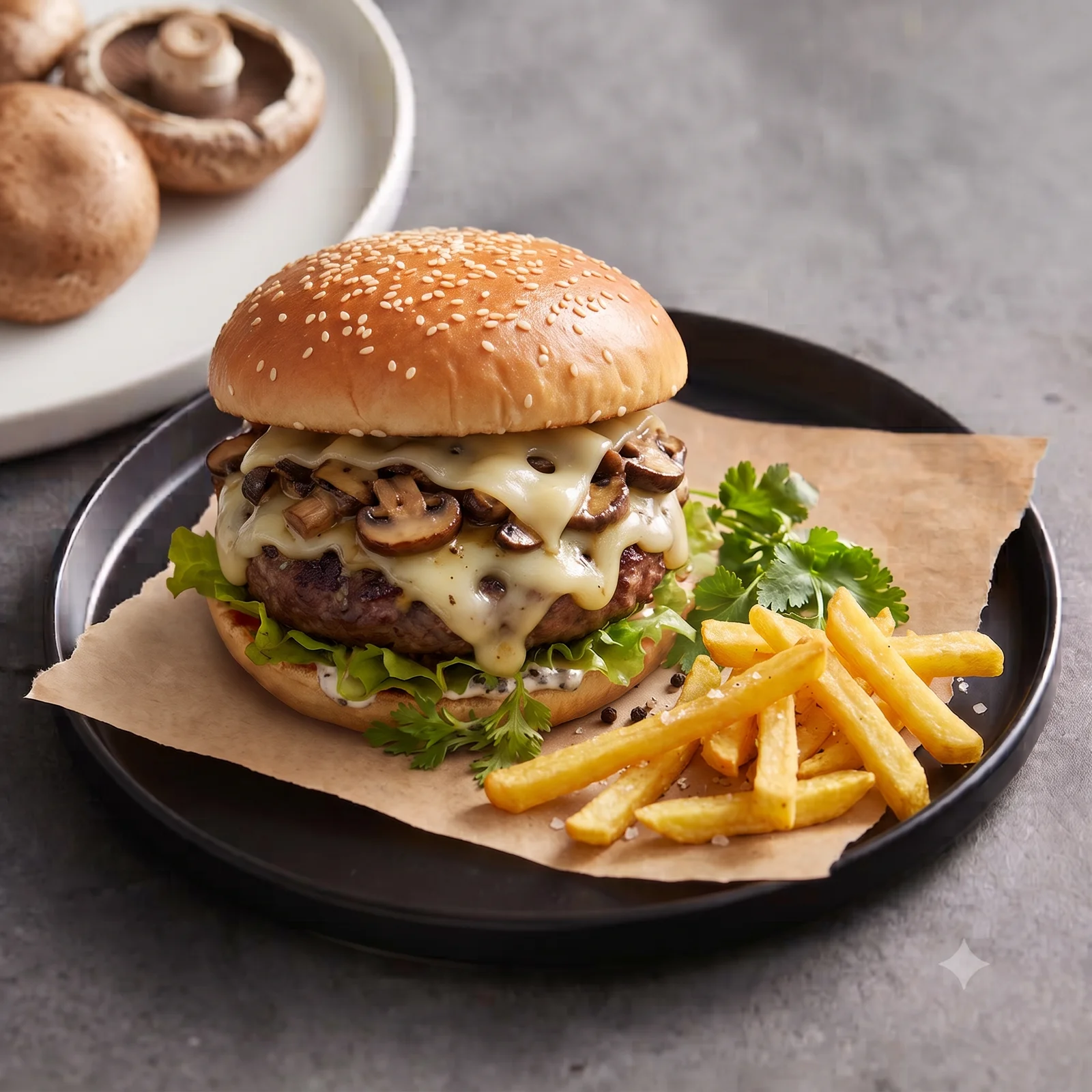 Mushroom Swiss (Mantarlı) Burger menü şablonu ve sunumu